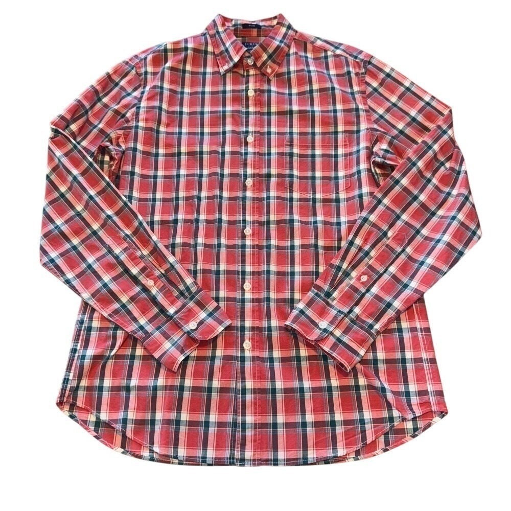 J.Crew Mens Button Down Shirt Medium Red Plaid Slim Fit Flex Washed Preppy